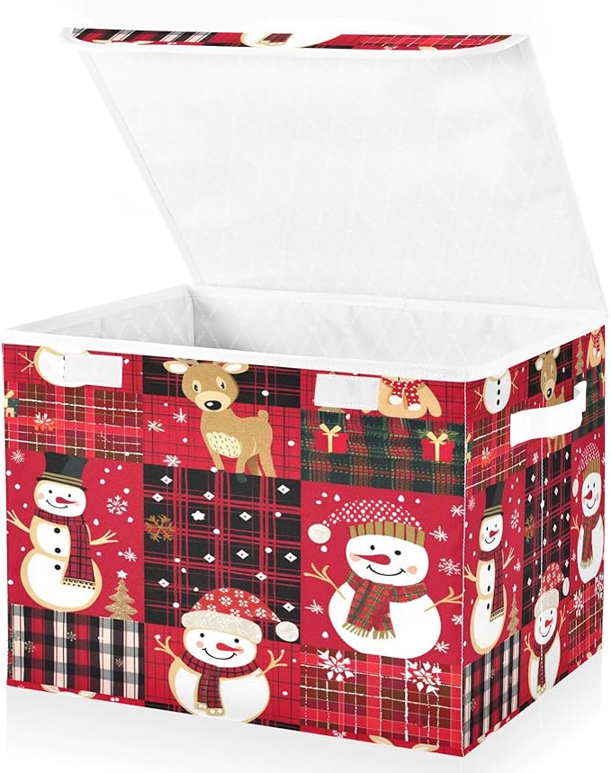 senya Christmas Baskets Collapsible Storage Bins with Lids, Red Christmas Plaid Snowman Storage Boxes Clothes Baskets for Organizing
