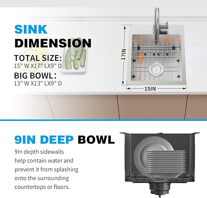 Kitchen & Bar Sink,15x17 Inch Bar Sink Stainless Steel Drop In Small Kitchen Sink Ideal Choice For Small Spaces Topmount Sink With Bottom Grid,Soap Mat And Drain Assembly Serve Both Kitchen And Bar