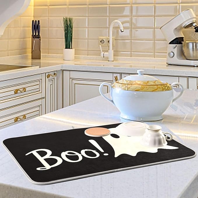 Halloween Ghost Boo Dish Drying Mat for Kitchen Countertop 16x18 Spooky Black Small Drying Mat Reusable Quick Dry Dish Sink Mats Easy Clean Decorative Essentials