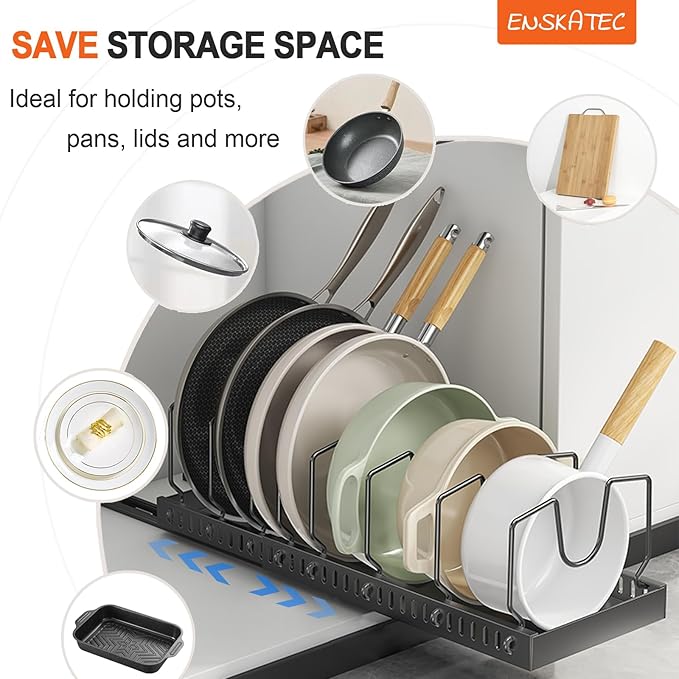 Enskatec 2 Pack Expandable Pots and Pans Organizer Under Cabinet, Sliding Pot Lid Holder and Pan Rack in Kitchen, Pull out Kitchen Cabinet Storage, with 10 Adjustable Dividers