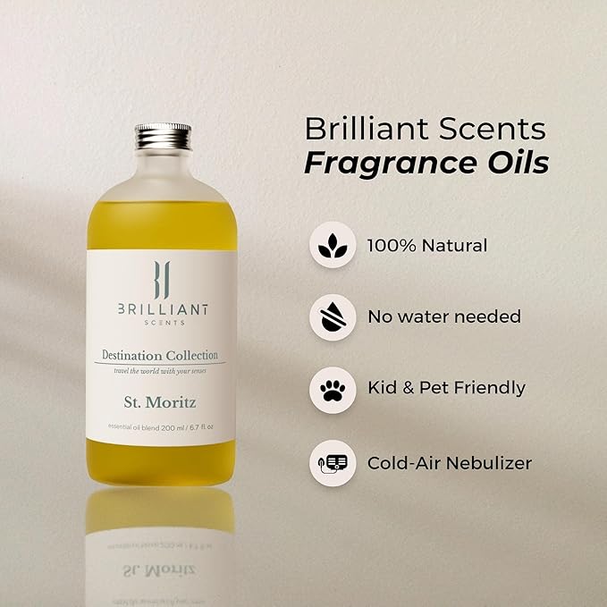 Brilliant Scents St. Moritz Fragrance Oil 120ml - Premium Diffuser Oil for Home, Office, Hotels - Long Lasting, Plant-Based, Meets IFRA Standards, USA-Made - Lemongrass, Magnolia, Koa Wood