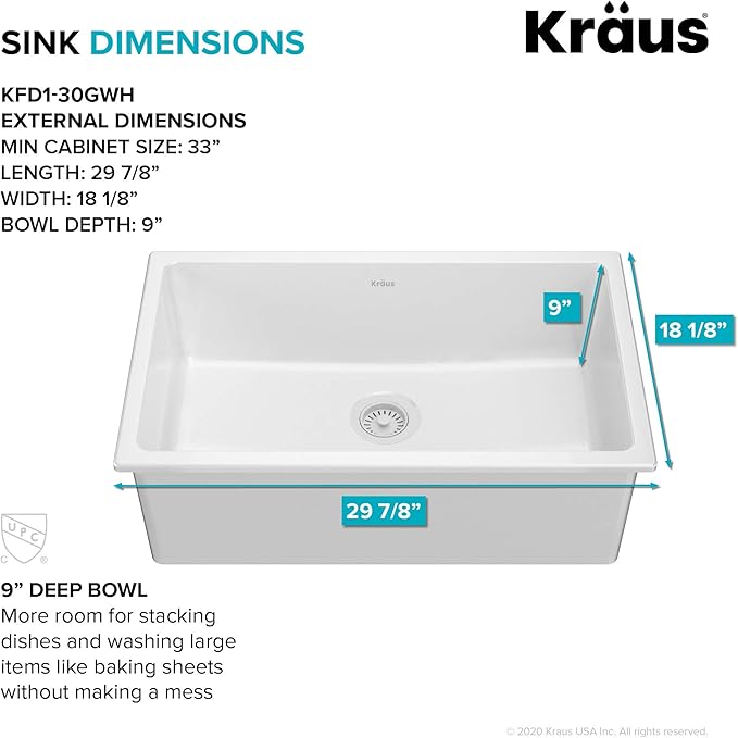 KRAUS Turino™ 30” Drop-In Undermount Fireclay Single Bowl Kitchen Sink with Thick Mounting Deck in Gloss White, KFD1-30GWH