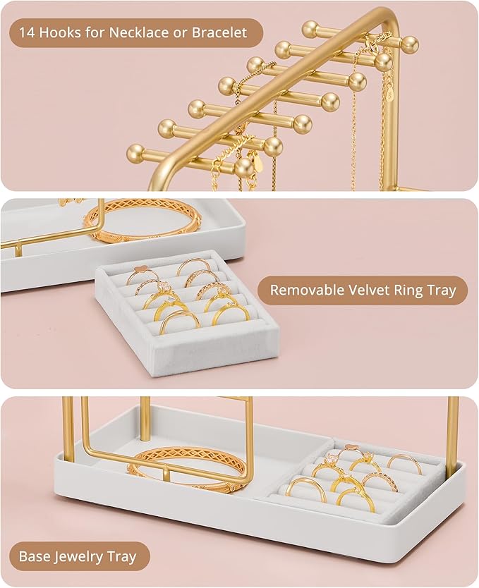 ProCase Jewelry Stand Holder Organizer, Jewelry Display Storage with Ring Tray, No-Assembly Needed, Rotating Earring Bracelet Necklace Holder, Christmas Gifts Room Dorm Decor for Teen Girls -Gold