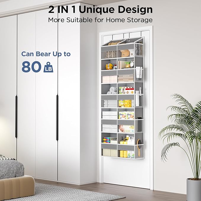 Purespace 5-Tier Over The Door Organizer with 10 Side Mesh Pockets & Clear Windows, 80 lbs Weight Capacity Hanging Storage for Bathroom, Bedroom, Nursery, Kitchen, Organize Toys, Shoes, Diapers (Grey)