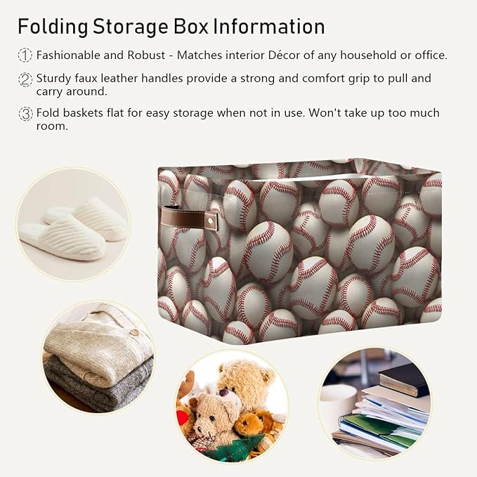 ALAZA Baseball 3D White Foldable Storage Box Storage Basket Organizer Bins with Handles for Shelf Closet Living Room Bedroom Home Office 2 Pack