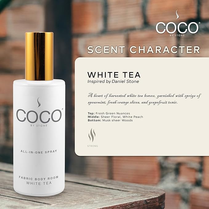 COCO by Stone 5oz All-in-One Spray (White Tea) Shake & Spray Formula for Fabric, Pillows, Interiors, Clothing, Home Fragrance Accessories, Room Perfume, Room Deodorizer, Vegan & Cruelty-Free