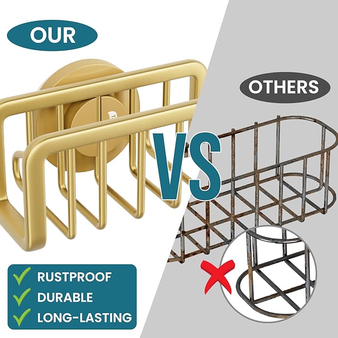 TAILI Sponge Holder for Kitchen Sink with Strong Suction Cup, Rustproof Aluminum Sink Caddy for Sponges, Removable Sponge Holder, Dish Brush for Scraper - Gold