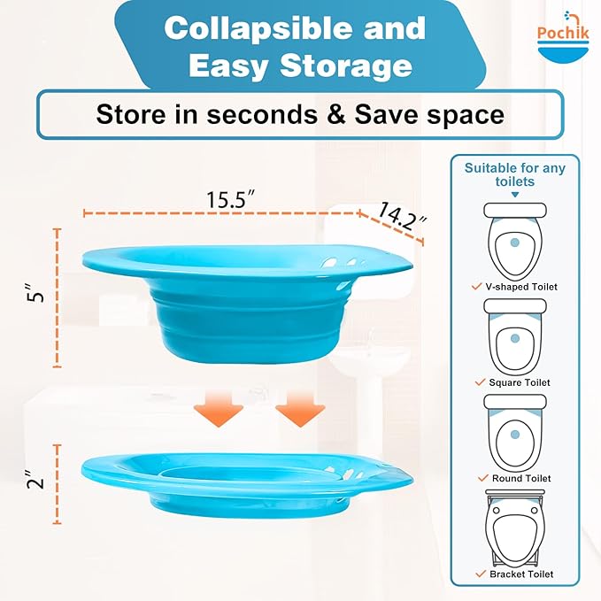 Pochik Sitz Bath for Toilet Seat Hemorrhoids and Postpartum Care, Yoni Steam Seat, Perineal Soaking, Collapsible, Flusher Hose, Drain Holes, Wider Seating Area - Navy