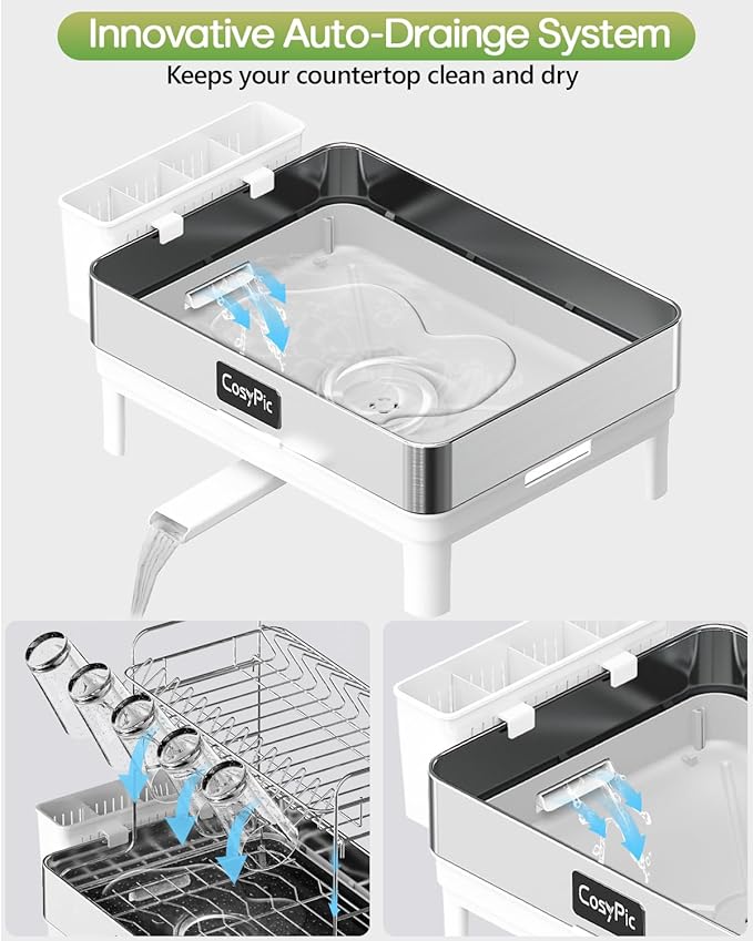 CosyPic 2 Tier Dish Drying Rack, Thicker Premium 304 Stainless Steel Dish Racks for Kitchen Counter, Automatic Drainage Spout, Dish Drainer & Drainboard Set with Utensil Holder and Cup Holder, White