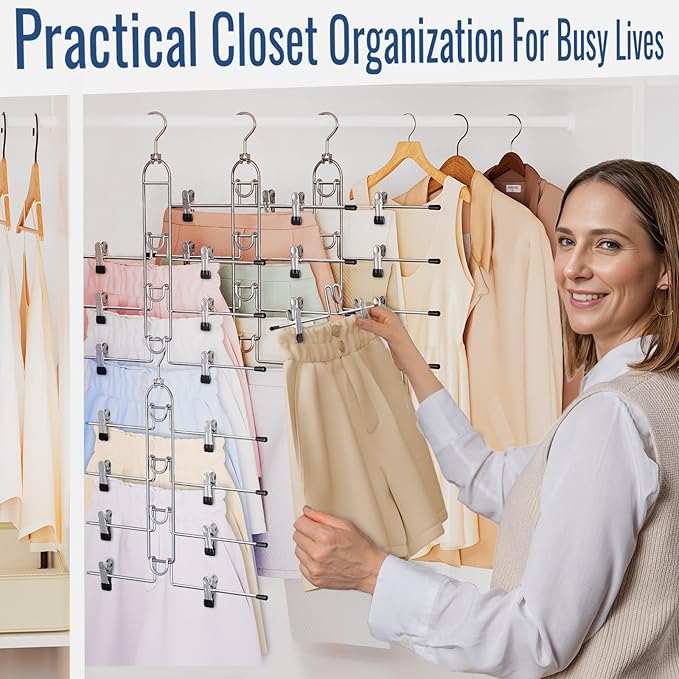 Pants & Skirt Hangers with Clips, Newly Upgraded Detachable - Space Saving Hangers, 4-Tiers Skirt Hangers for Women - Hanging Closet Organizer and Storage-4 Pack, Patent Pending