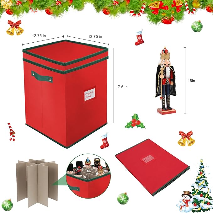 Christmas Nutcracker and Figurine Storage Box, Keeps 9 16" Tall Holiday Nutcrackers, Figurines, and More -Xmas Decor Collectible Organizer with Adjustable Dividers, 600D Oxford Fabric Tear-Proof