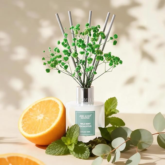Airkeep Reed Diffuser Set,3.38 fl oz (100 ml) - Wild Mint&Eucalyptus Oil Diffusers with 8 Reed Sticks, Home Fragrance Reed Diffuser for Bathroom Shelf Decor