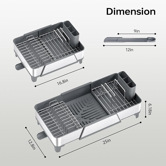 Urackify Large Dish Drying Rack - Triple Expandable Dish Rack for Kitchen Counter, Stainless Steel Sink Organization and Storage Essentials with Utensil & Pans Holder for Home and Appartment, Gray