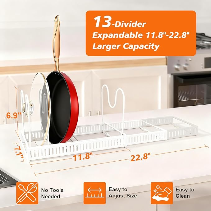 HuuDraLono Expandable Pots and Pans Organizer Rack for Under-Cabinet Storage - Adjustable Kitchen Cabinet Organizer with 13 Dividers, Cutting Board Holder & 6 Non-Slip Silicone Pads-White