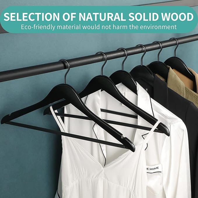 Grade A Real Wood Hangers 20 Pack, Suit, Coat, Solid Wood Construction, Smooth Finishes, Non-Slip Pants Bars, Soft Coated Hooks, 360° Swivel Hooks, Premium Quality Wooden Hangers (Black)