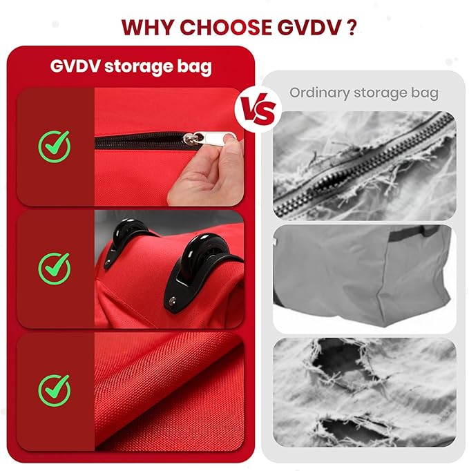GVDV Rolling Christmas Tree Storage Bag Fits 7.5 Ft Artificial Trees, 600D Oxford Waterproof Heavy Duty Canvas, Large Holiday Xmas Box Container with Wheels, Reinforced Handles & ID Slot, Red