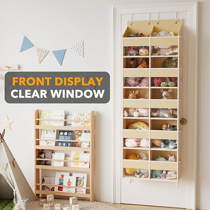 SpaceAid Extra Large Over The Door Organizer with 10 Large Pockets and 10 Mesh Side Pockets, 5 Layers Door Organizer Hanging with Clear Window for Bedroom, Bathroom, Pantry and Nursery, Beige