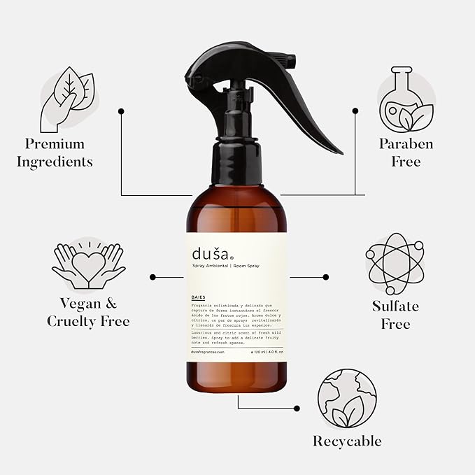 Dusa Baies Room Spray - 4 fl oz - Ultimate Home Fragrance, Bed Room Essentials & Soothing Fabric - Natural Air Freshener & Linen Mist for Home - Eco-Friendly Odor Eliminator w/Aromatherapy