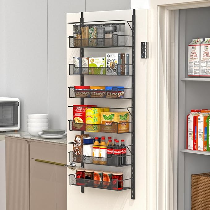 VyGrow Over the Door Pantry Organizer, 6-Tier Over the Door Organizer with Adjustable Basket, Pantry Door Organization for Pantry Kitchen Storage Room Spice Rack, Black