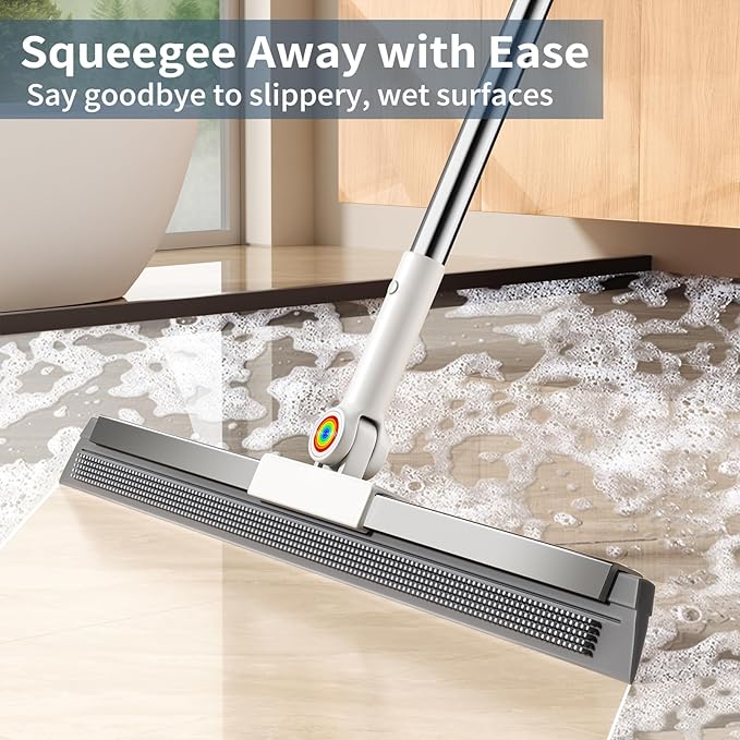 Floor Squeegee with 180° Rotating Head & 63" Long Handle, Rubber Silicone Magic Broom for Floor Cleaning, Squeegee Broom for Pet Hair, Bathroom Tile, Garage Concrete, Deck, Shower Glass