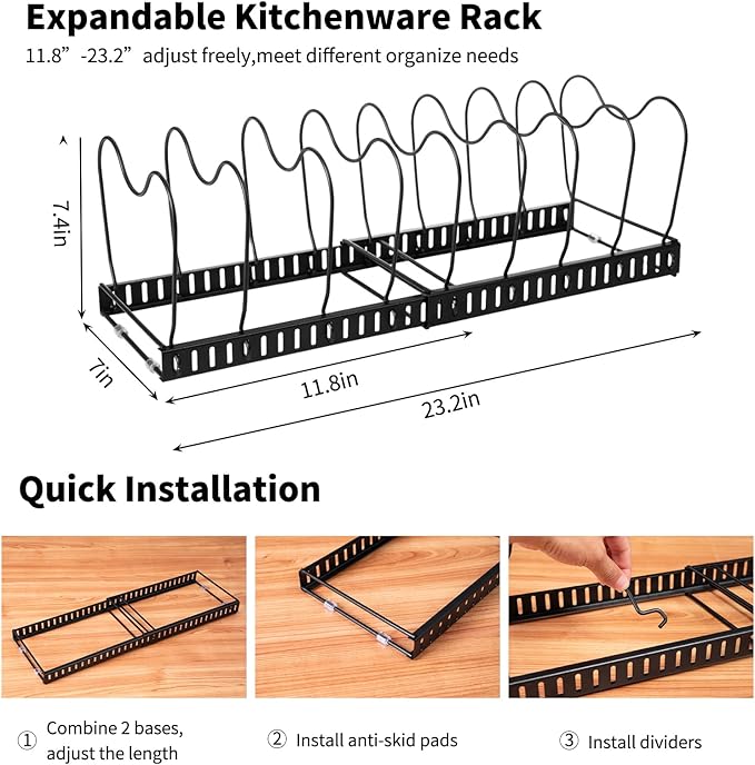 FrutPunch Pots and Pans Organizer,Rack for under Cabinet,Expandable Pot Lid Kitchen Cabinet Organizer Holder, with 10 Adjustable Partitions, Suitable for Kitchen Pan Organizers Inside Cabinet