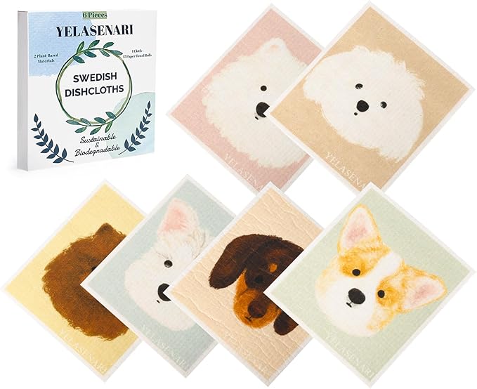 Yelasenari Swedish Dishcloths for Kitchen Reusable 6 Pack Kitchen Towels No Odor Quick-Drying Reusable Paper Towels Reusable Paper Towels Washable for Countertop, Sink, and Kitchen Dog