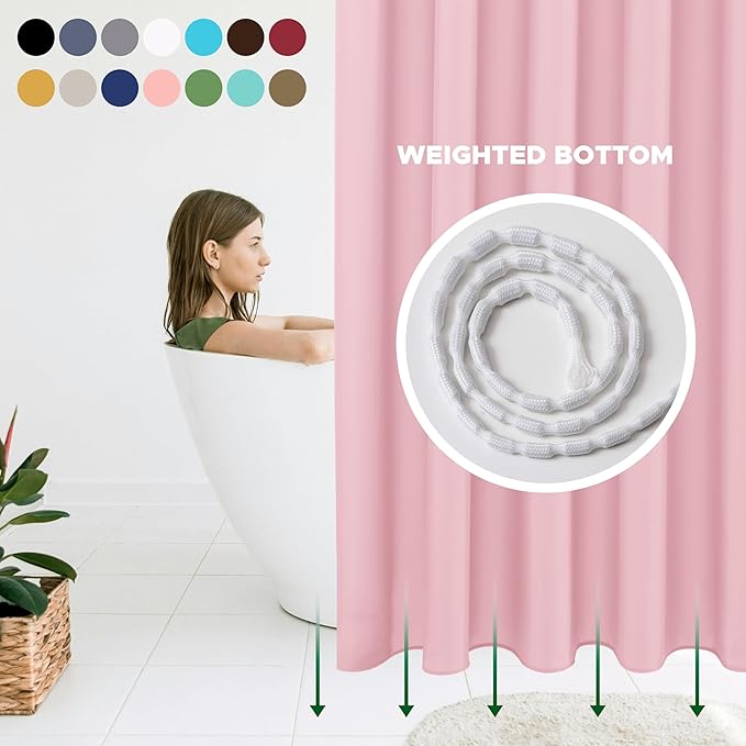 Biscaynebay Hotel Quality Fabric Shower Curtain Extra Long Liners 72" Width by 84" Length, Pink Water Resistant Bathroom Curtains Rust Resistant Grommets & Weighted Bottom Hem Machine Washable