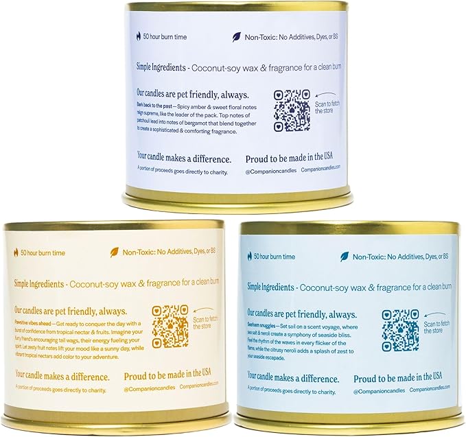 Companion Candles Pet Safe Wood Wick Candles - Sea Salt & Neroli, Citrus & Tropical Fruits, Amber & Florals, Coconut Soy Wax, 50+ Hr Burn, Non-Toxic, Women-Owned, Made in USA (11.8oz., Pack of 3)