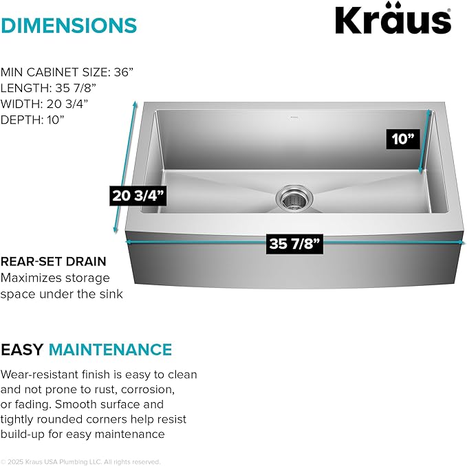 Kraus KHF200-36 Standart PRO Kitchen Stainless Steel Sink, 36 Inch Round Apron Single Bowl