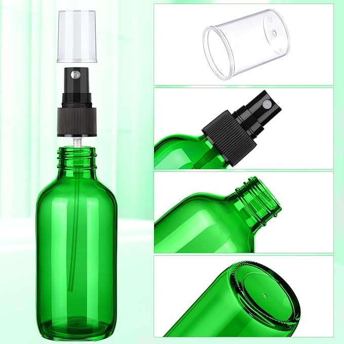Nuogo 50 Pieces Mini Glass Spray Bottles Bulk 4 Oz Fine Mist Bottles with Funnel Dropper and Cleaning Brush Refillable for Essential Oils, Perfumes and Aromatherapy(Green)