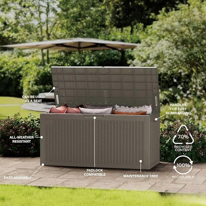 Outdoor Storage Box Waterproof, 320 Gallon Lockable Resin Deck Box Large, Patio Storage Bin for Pool Accessories Cushion Furniture, Garden Tools, UV-Resistant Outside Delivery Grey