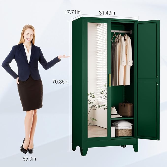 71" Metal Armoire Wardrobe Closet, Steel Clothing Storage Cabinet with Mirror and Adjustable Shelves, Household Steel Wardrobes Storage Cabinet with Adjustable Standing Feet and Hanging Rod（Green）
