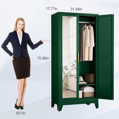 71" Metal Armoire Wardrobe Closet, Steel Clothing Storage Cabinet with Mirror and Adjustable Shelves, Household Steel Wardrobes Storage Cabinet with Adjustable Standing Feet and Hanging Rod（Green）