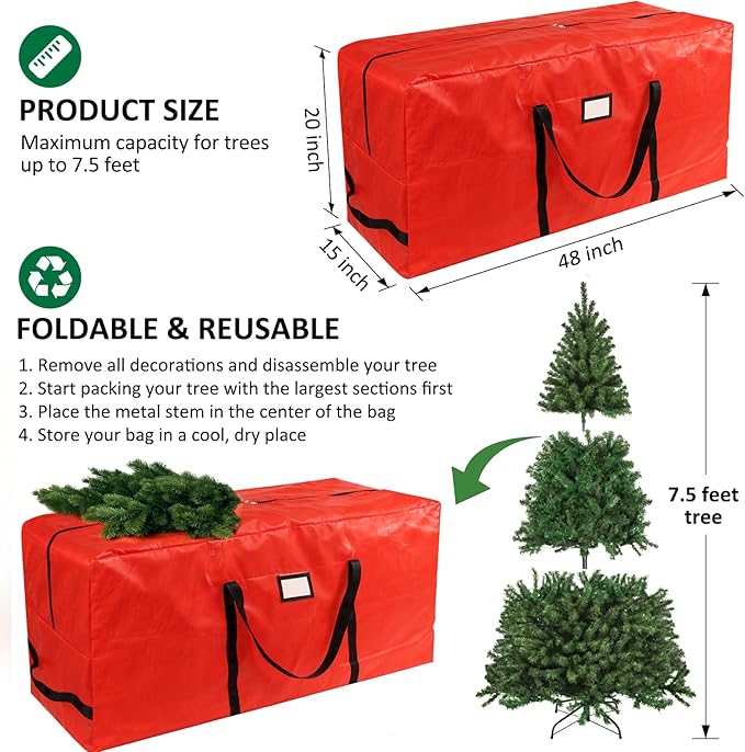 HABGP 7.5 ft Christmas Tree Storage Bag, Fits Artificial Xmas Holiday Tree, Durable Christmas Tree Storage Box Waterproof Material with Zippered Bag & Carry Handles, Protects from Dust, Moisture - Red