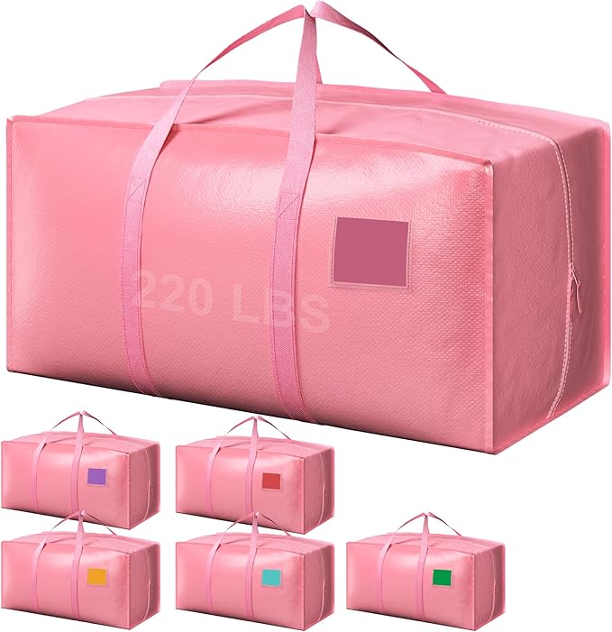 RMOHRO 6 Pack Extra Heavy Duty Large Moving Bags with Reinforced Zipper & Wide Handles, Waterproof Storage Bins for Clothes, College Dorm, Travel, and Home Organization, Pink