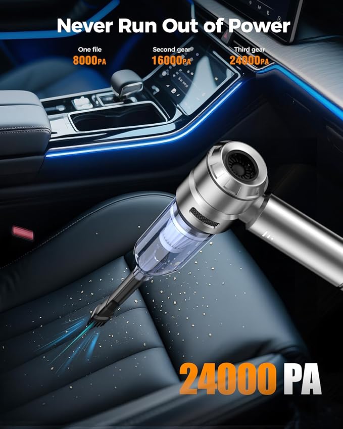VNOST Car Vacuum,3 Suction Modes,Portable Mini Cordless Cleaner with 24000pa Suction Power,Type-C Charge,Handheld Vacuum for Home,Car,Birthday Gifts for Men Dad Husband (Starlight Bright Silver)