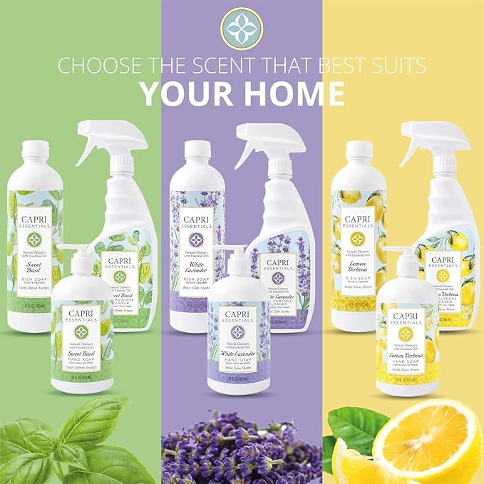 CAPRI ESSENTIALS All Purpose Cleaner, Natural Household Cleaning Supplies, Plant Based Kitchen Counter Surface Spray, Removes Dirt & Grime, Blend of Essential Oils, Lemon Verbena, 23 FL Oz (6 Pack)