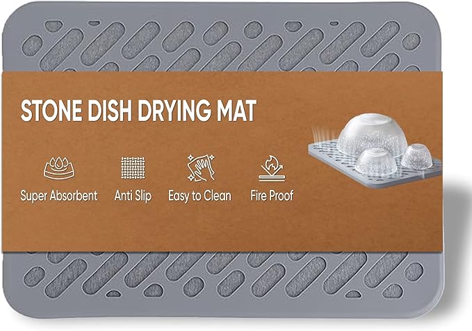 Better Houseware Stone Drying Mat for Kitchen Counter Diatomaceous Earth Dish Drying Mat Self Absorbing Kitchen Mat with Non-Slip Silicone Cover, Super Absorbent Stone Dish Drying Mat