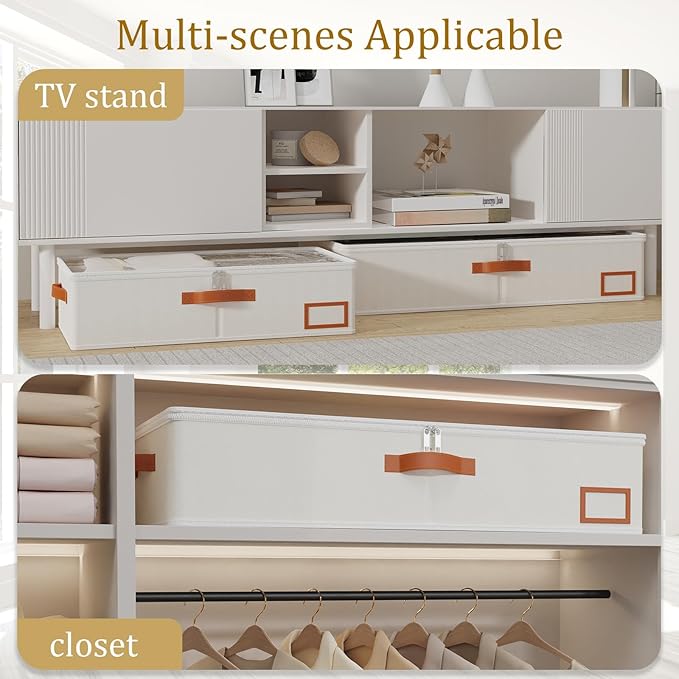 Yawinhe Under Bed Storage Containers, 2 Pack, Bin with Lids, Collapsible Closet Organizers, with Sorting Card Slot and 4 Leather Handles, for Blanket, Bedding, 31.5''Lx15.7''Wx6''H, Beige