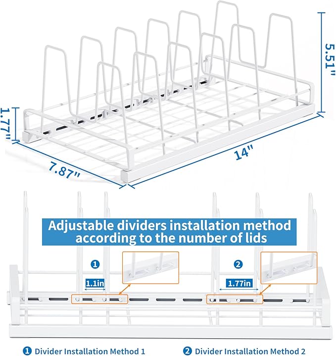 GAGUIUP Food Container Lid Organizer, Adjustable 6 Dividers Full-Metal Pot and Pan Organizer Rack for Kitchen Cabinets, Drawers, Cupboards, Pantry Shelves Storage, White