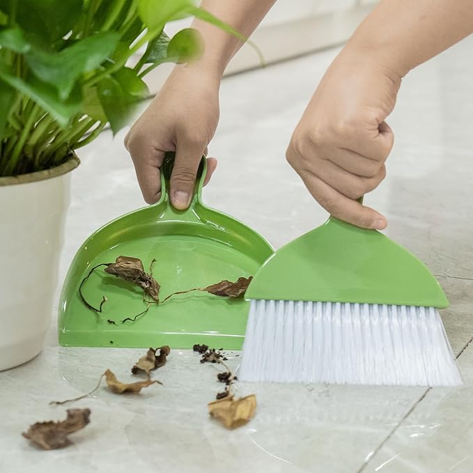 THINKLEARN 2PCS Small Broom and Dustpan Set, Mini Dust Pan and Brush, Hand Whisk for Pets, Kids, Desk, Home, Camping, Green Cleaning Supplies