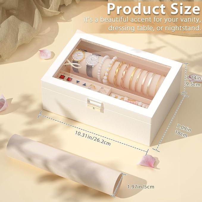 Jewelry Organizer Box with Clear Glass Lid, Bracelet Holder Jewelry Storage Case for Earrings, Rings, Bangles, Watches - PU Leather Jewelry Display Box Gifts for Women Girls, White