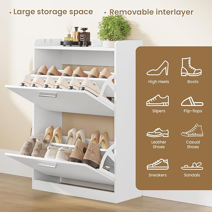 Shoe Cabinet Organizer with 2 Flip Drawers & 2-Tier Adjustable Shelves, Freestanding Shoe Rack Cabinet, Narrow Shoe Storage for Entryway, Foyer, Hallway, White, 23.6" W × 9.4" D × 33.1" H