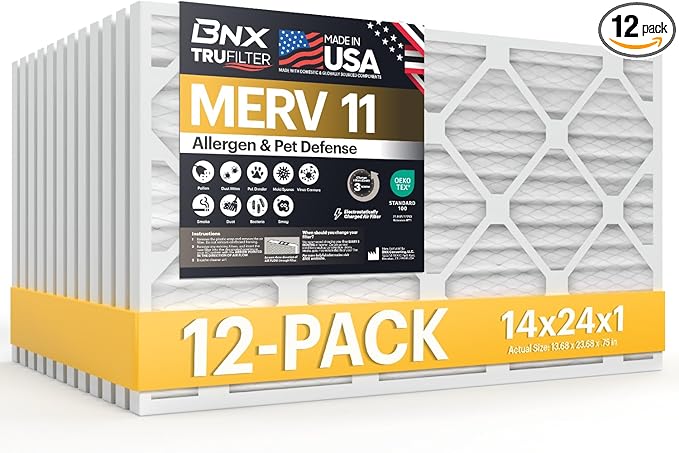 BNX TruFilter 14x24x1 Air Filter MERV 11 (12-Pack) - MADE IN USA - Allergen Defense Electrostatic Pleated Air Conditioner HVAC AC Furnace Filters for Allergies, Pet, Smoke, Allergy MPR 1200 FPR 7