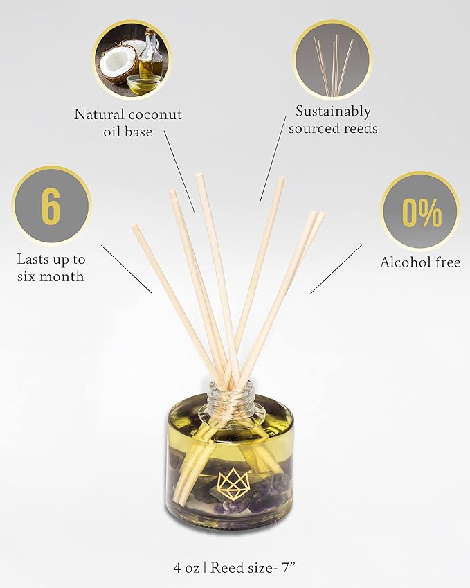 Crystal Infused Reed Diffuser, 4 OZ, Energy - Red Carnelian Crystal Infused - Scents of Lemon, Grapefruit, & Bergamot - Home Decor, House Warming, Room, Stick Perfume, Coffee Table
