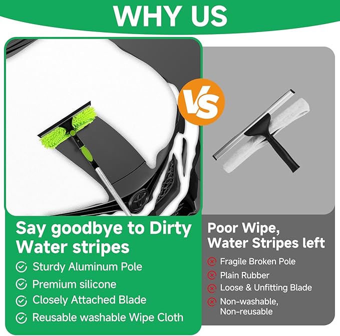 LILISPAI 67'' Window Squeegee Cleaner Tool with Extension Pole, 2-in-1 Squeegee for Window Cleaning Kit with Scrubber and Rotating Head, 2 Blade 2 Scrubber for Indoor & Outdoor High Windows