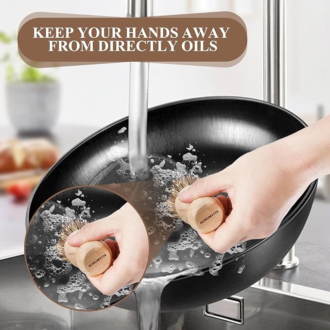 BONUMVITA Bamboo Dish Brush Set,4 Pack Kitchen Palm Pot Brush with Union Fiber, Natural Bamboo Dish Scrub Brush for Cleaning Pots,Pans,Sinks,Woks,Vegetables