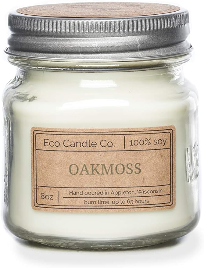 ECO CANDLE CO. Mason Jar Candle, Oakmoss, 8 oz. - Scents of Citrus, Floral, Oakmoss, & Patchouli - 100% Soy Wax, No Lead, Kraft Label & Antiqued Pewter Lid, Hand Poured, Midwest Grown Soybeans