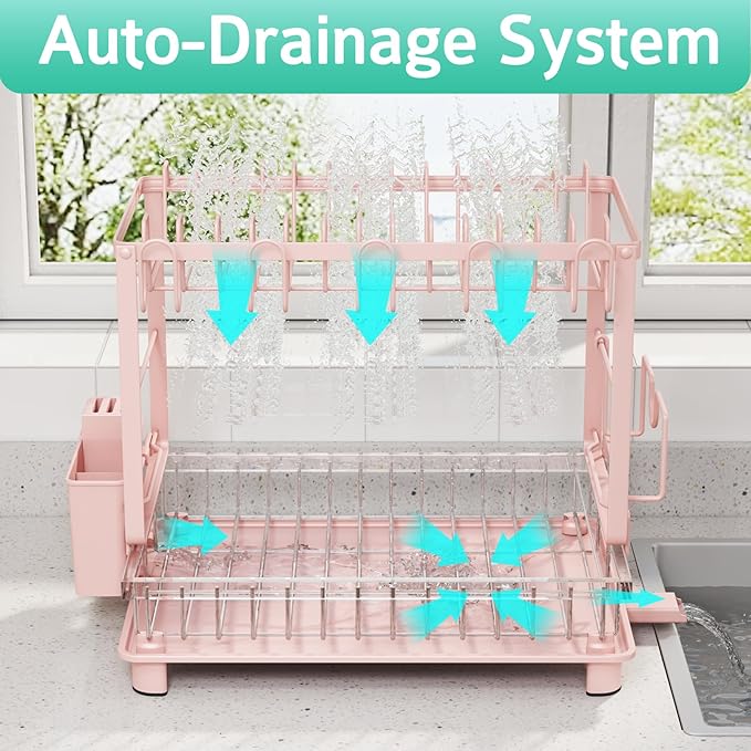 Nfnoyp Multifunctional Dish Drying Rack - Rustproof, 2-Tier Dish Racks with Drainboard, Space-Saving Design, Utensil & Cup Holder for Kitchen Counter, Pink