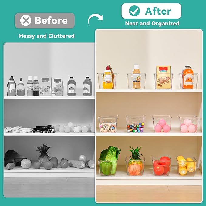 Homaigie 12 Pack Clear Plastic Storage Bins, Multi-Use Pantry Organizer and Storage Containers, Fridge Organizer Bins with Handles for Kitchen, Cabinet, Snack and Refrigerator Organization
